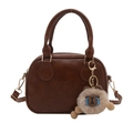 Retro brown leather-style square tote bag with logo embossing and plush keychain charm - With Charm / Brown