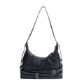 Borsa tote nera minimalista in pelle a pieghe con fibbie argentate, stile alla moda 2025 - Nero
