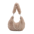 Minimalist beige plush shoulder bag with pearl chain decoration and wide furry strap - Khaki