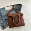 Dark brown suede tote bag with top handle and shoulder strap for casual commute - Coffee