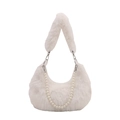 White faux fur hobo bag with fluffy strap and detachable pearl chain accessory - White
