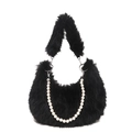 Black faux fur crescent bag featuring plush strap and oversized pearl chain detail - Black