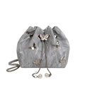 Silver metallic pleated bucket bag with butterfly charms and pearl drawstring chain strap - Silver
