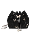 Elegant black pleated drawstring bucket bag with silver butterflies and pearl accents - Black