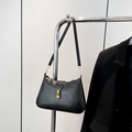 Retro black crescent underarm bag with cracked texture leather and gold metal buckle - Black