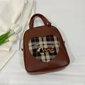 Vintage Rucksack aus braunem Kunstleder mit Herz-Ausschnitt und Plaid-Dackel-Muster - Dunkelbraun