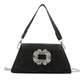 Elegante schwarze Samthandtasche mit Strass-Schnalle und silberner Metallkette - Schwarz