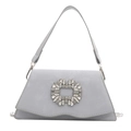 Light blue trapezoid shoulder bag with sparkling crystal floral buckle and leather texture - Blue