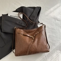 Vintage dark brown large capacity faux leather shoulder bag with gold metal buckle detail - Brown