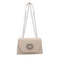 Elegante beige Umhängetasche mit quadratischer Strass-Schnalle und silberner Kette - Gebrochenes Weiß