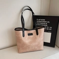 Large capacity tote bag in pale pink textured material with black leather straps - Pink