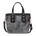 Contrast grey denim and black leather bucket bag with gold hardware and shoulder strap - Dark Brown