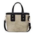 Beige and black canvas bucket bag with leather handles and adjustable shoulder strap - White and Black