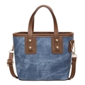 Blue denim and brown leather bucket bag with gold rivets and adjustable strap - Blue