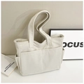 Large cream corduroy tote bag with dual front pockets for women's daily commute - White