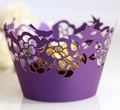 Deep purple laser cut cupcake wrapper with floral bird patterns and golden chocolate - Dark Purple