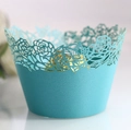 Elegant Tiffany blue laser-cut cupcake wrapper with floral rose pattern in pearl paper - 5cm / Turquoise Blue