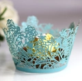 Sky blue laser-cut cupcake wrappers with rose petal hollow design for wedding decor - Tiffany Blue