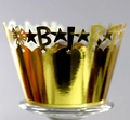 Golden mirror laser-cut Happy Birthday cupcake wrapper with intricate star and letter patterns - 5*5*8CM / Reflective Gold