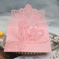 3D laser-cut wedding invitation card in pink featuring Mr & Mrs heart and ring designs - Pink