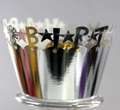Mirror silver laser hollow Happy Birthday cupcake wrapper with stars and letters - 5*5*8CM / Reflective Silver