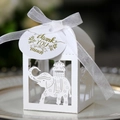 White elephant laser-cut candy box with ribbon and Thank You tag for wedding favors - With Tag / White