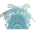 Laser-cut peacock pattern light blue candy gift box with elegant ribbon bow - Pearl Pale Blue