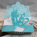 Laser cut 3D pop-up wedding invitation in Tiffany blue with Mr & Mrs ring silhouette - Cyan