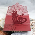 3D laser cut red wedding invitation featuring a groom and bride silhouette with ring - Dark Red