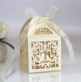 Detailed laser-cut birdcage wedding favor box with cream pearlescent finish and white ribbon - Jewelry Cream Star