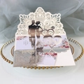 3D laser cut wedding invitation card with pink floral pattern and silver ring silhouette - Reflective Silver