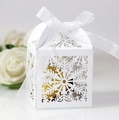 Elegant white laser-cut snowflake candy gift box with white ribbon bow for Christmas - White