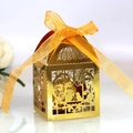 Golden laser-cut birdcage favor box with orange ribbon and chocolate inside for weddings - Reflective Gold