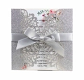 Silver glitter laser-cut wedding invitation with satin bow and floral inner page - Glitter Silver