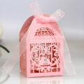 Pink laser cut wedding candy box with elegant love bird cage design and silk ribbon - Pink