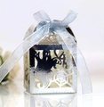 Laser-cut silver Halloween ghost gift box with spider web design and blue ribbon bow - Reflective Silver