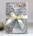 Invito a nozze in argento glitter tagliato al laser con fiocco in raso bianco e fiori - Grigio Argento