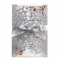 Elegant Royal Blue laser cut wedding invitation with silver glitter and grey satin bow - Silver Glitter