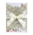 Champagne gold glitter laser cut snowflake invitation card with white ribbon bow decoration - Light Gold Glitter