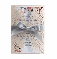 Detailed laser-cut wedding invitation with beige floral sleeve and silver satin bow - Nude Pink