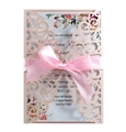 Pink laser-cut wedding invitation with elegant satin bow and floral inner card - Light Pink
