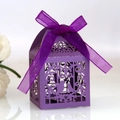 Elegant purple laser-cut wedding favor box with love bird pattern and silk ribbon - Dark Purple