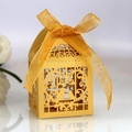 Golden laser-cut love bird wedding candy box with elegant ribbon bow decoration - Gold