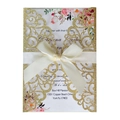 Elegant laser cut wedding invitation with gold glitter cover and satin ribbon bow - Gold Yellow