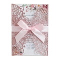 Elegante invito di nozze rosa glitterato con taglio laser, fiocco in raso e inserto floreale - Rosa