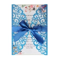Blue glitter laser-cut wedding invitation with satin ribbon bow and floral inner card - Royal Blue