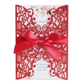 Elegant red glitter laser cut wedding invitation with decorative silk ribbon bow - Red