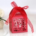 Red laser-cut love bird candy box made of pearlescent paper with organza ribbon - Red
