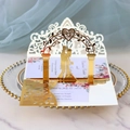 Elegant 3D laser-cut gold wedding invitation card with intricate floral patterns and silhouettes - Reflective Gold