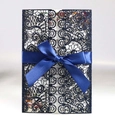 Detail of navy blue glitter laser-cut lace invitation with a silk ribbon bow - Glitter Dark Blue